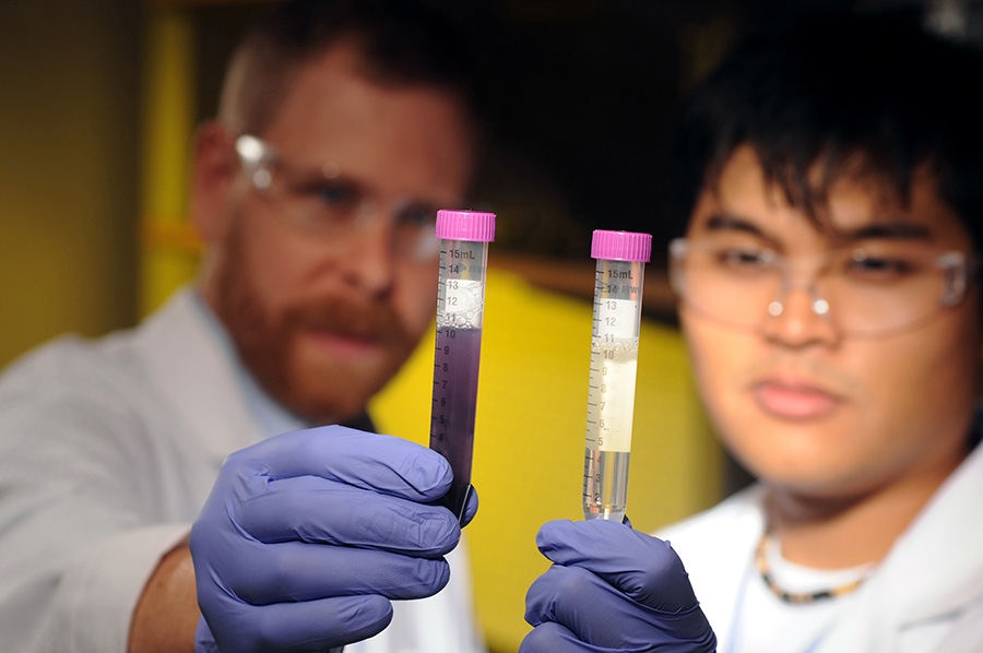 The global amount of recoverable fecal waste harbors risks, such as water contamination, but also opportunities to harvest natural resources. A new study from Carlton S. Wilder Assistant Professor Joe Brown, left, and others at Georgia Tech has determined just how much of that recoverable biomass exists. Here, Brown is pictured with former student Andrew Loo. (Photo: Gary Meek)