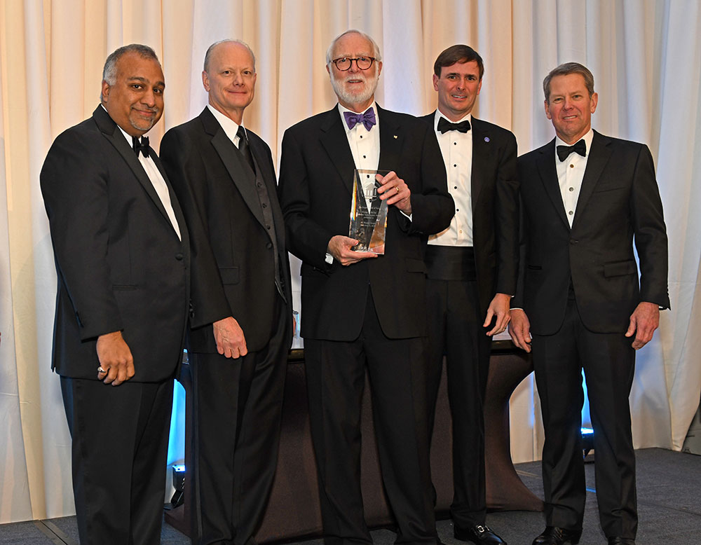 Chairman Sachin Shailendra, Chancellor Steve Wrigley, Dr. Wayne Clough, Regent Neil Pruitt and Governor Brian Kemp. (Photo courtesy of the University System of Georgia Foundation)