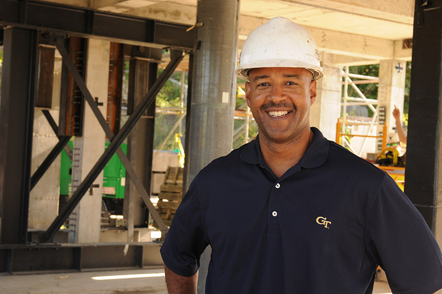 Karen and John Huff School Chair Reginald DesRoches has been named a fellow of the American Society of Civil Engineers and the society's Structural Engineering Institute. Here DesRoches stands on the first floor of a full-scale model building he and his research team constructed to test new kinds of retrofits designed to harden buildings against earthquakes. (Photo: Gary Meek)