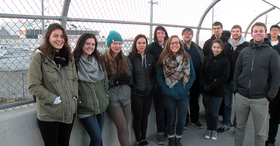 David Frost and some of the students in his Infrastructure Design Analysis course gathered on an overpass early Nov. 20 to watch the Georgia Dome implosion. (Photo: Joshua Stewart)