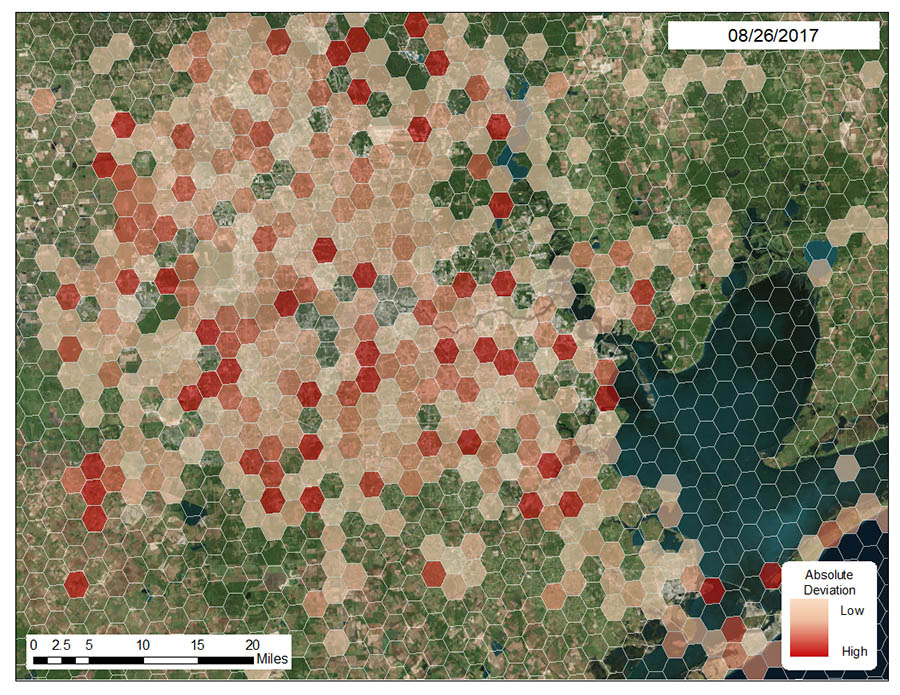 A hexagon grid overlaying Houston shows the reductions in Twitter activity the day following Hurricane Harvey's landfall in August 2017, with darker red hexagons high levels of deviation. (Image Courtesy: Rachel Samuels)