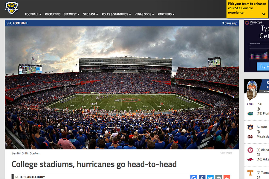 SEC Country website screen shot of a story looking at the effects of major hurricanes on college football stadiums.