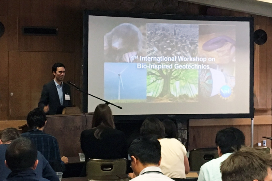 Alejandro Martinez welcomes engineers, biologists, physicists and others to the First International Workshop on Bio-Inspired Geotechnics in May at the University of California, Davis. The unique gathering aimed to better define the emerging field of bio-inspired geotechnics and connect researchers from a broad range of disciplines to collaborate on groundbreaking ideas in the area. (Photo: Noah Pflueger-Peters/UC Davis)