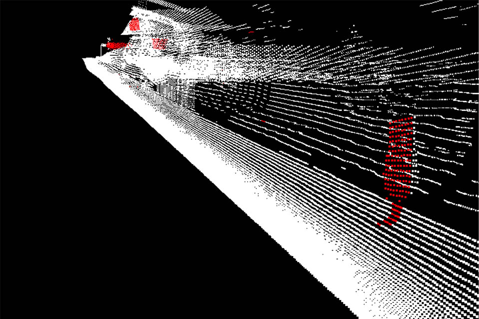 A 3-D LiDAR point cloud of roadside signs. The system comparies shape, color and texture to 2-D images of signs to identify each sign.