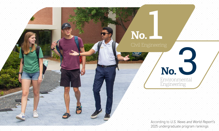 Group of three students walking on the Mason building plaza