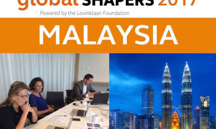 Social media flyer for Arcadis Global Shapers 2017 in Malaysia. Three people smiling at laptops and a photo of the Kuala Lumpur skyline.