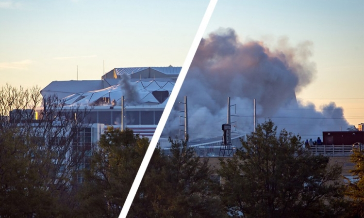 A split-screen shot shows the very beginning and the aftermath of the Georgia Dome implosion Nov. 20, with nothing but a dust cloud remaining. (Photos: Zonglin "Jack" Li)