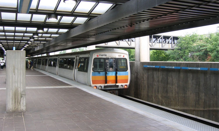 A MARTA train in the Edgewood-Candler Park transit station.