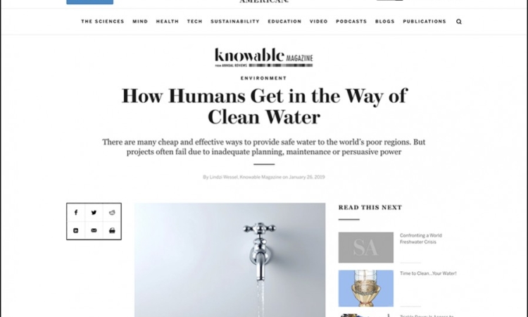 Screenshot of Scientific American/Knowable Magazine story, "How Humans Get in the Way of Clean Water," which features an image of a silver tap with water flowing out.