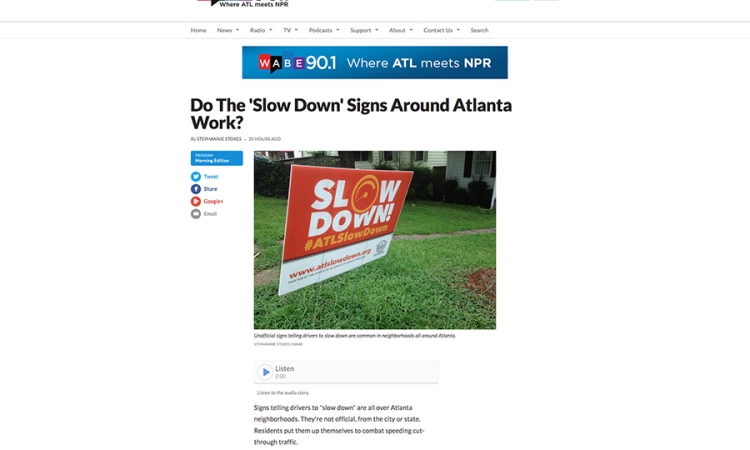 WABE webpage for story featuring Kari Watkins, 'Do the "slow down" signs around Atlanta work?'