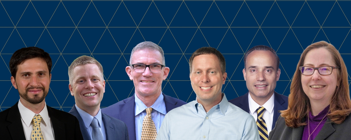 a composite image of six professors