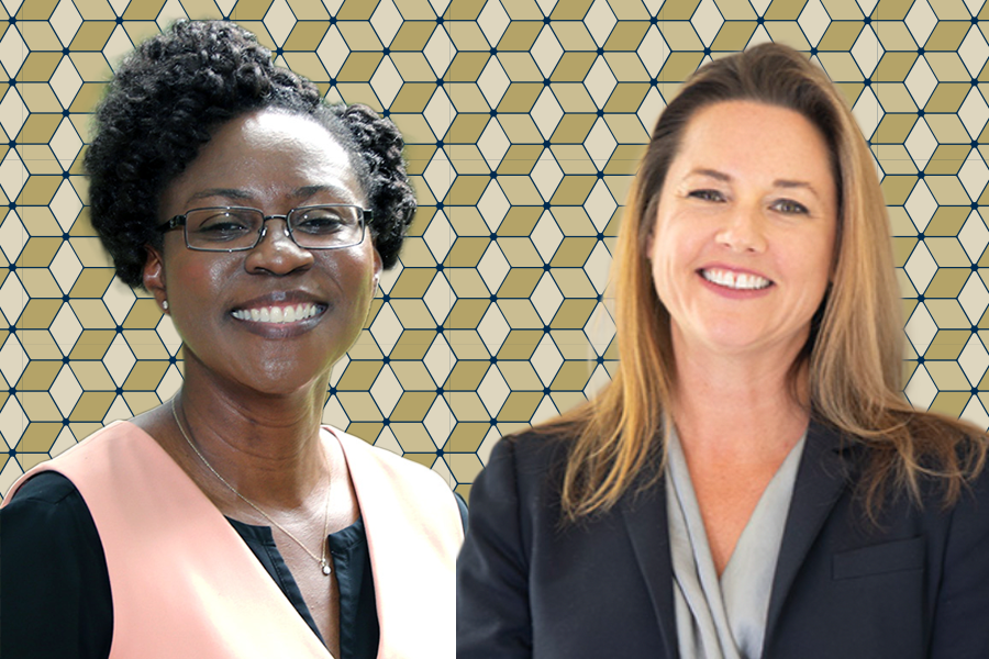 Portraits of Professor Adjo Amekudzi-Kennedy, left, and Professor Kim Kurtis, right, are set against a gold geometric background