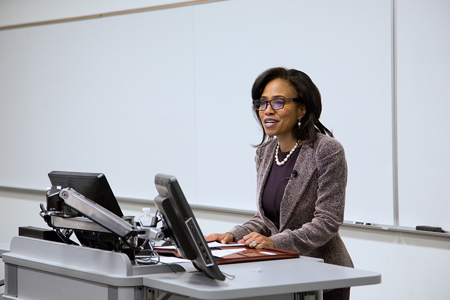 Suzanne Shank delivers the spring 2017 lecture for the School of Civil and Environmental Engineering Kenneth Hyatt Distinguished Alumni Leadership Speaker Series. (Photo: Zonglin "Jack" Li)