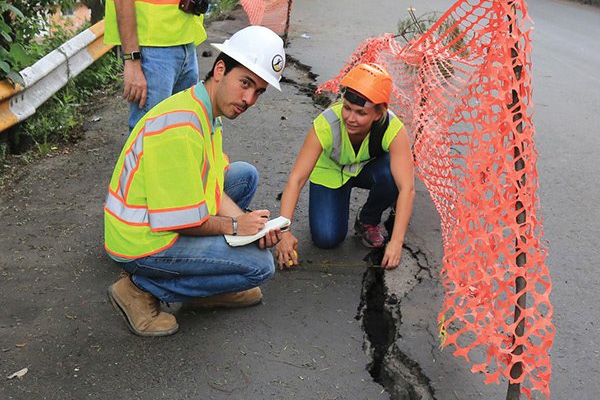 Alejandro Martinez collects data in Mexico after a major earthquake in September 2017. Martinez, MSCE 2012, Ph.D. 2015, was part of a team from the Geotechnical Extreme Events Reconnaissance Association that traveled to the impact zone to gather “perishable” data about the earthquake to help scientists and engineers prepare for future events. (Photo Courtesy of Geotechnical Extreme Events Reconnaissance Association via the Georgia Tech Alumni Magazine)